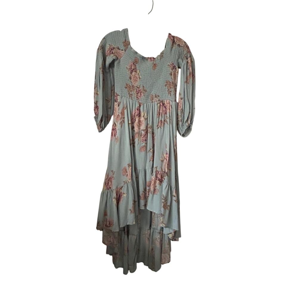 Jaimeson Smocked Maxi Dress L Blue Floral Square Neck High Low Boho Chic Summer